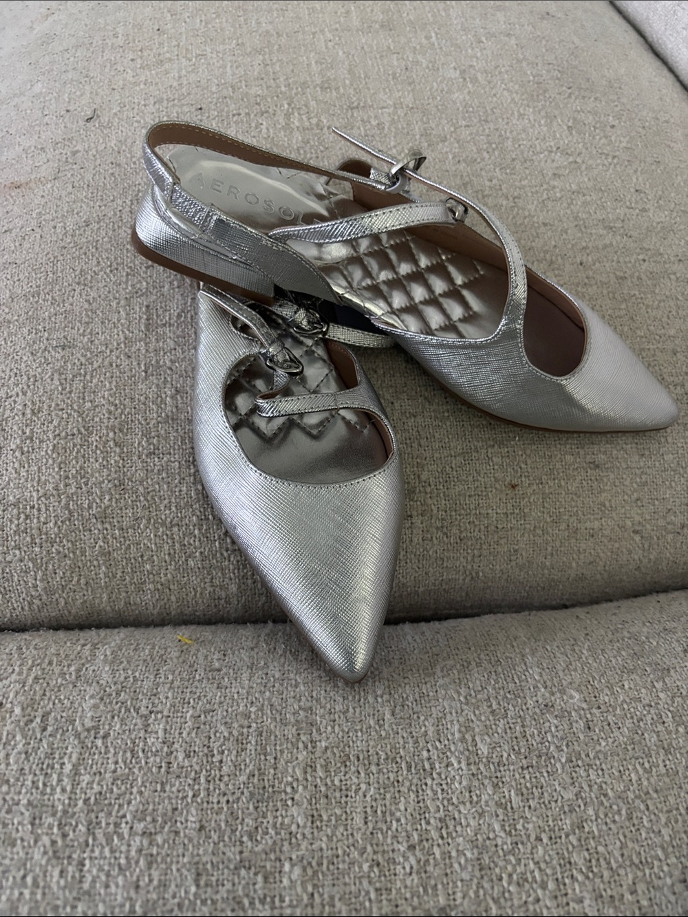 AEROSOLES Metallic Silver Pointed Slingback Flats - Picture 2 of 6